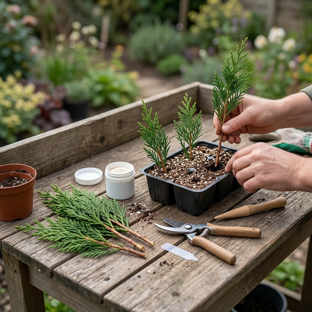 تکثیر کاج لاوسون با قلمه نیمه خشبی در بستر کاشت